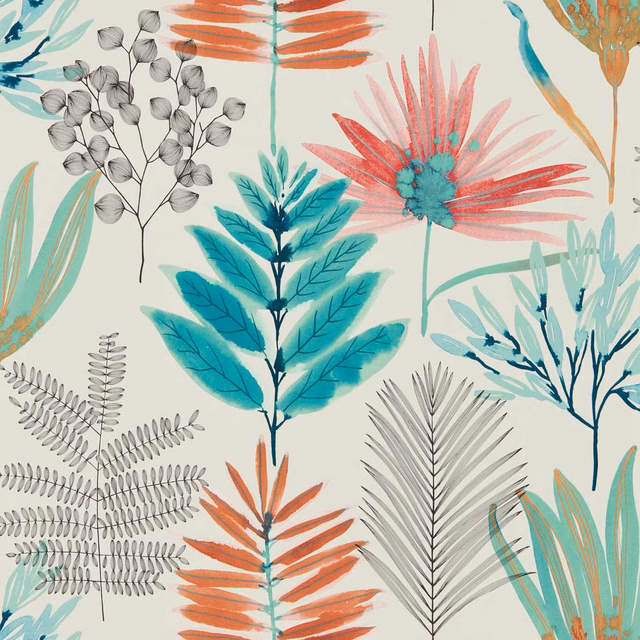 Paprika, turquoise and grey botanical stems on a soft cream wallpaper ground