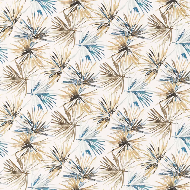 Cream fabric with ink-blue and muted gold botanical starburst embroidery