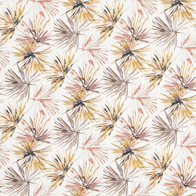 Ivory embroidered fabric with paprika, ochre and charcoal radiating botanical sprays