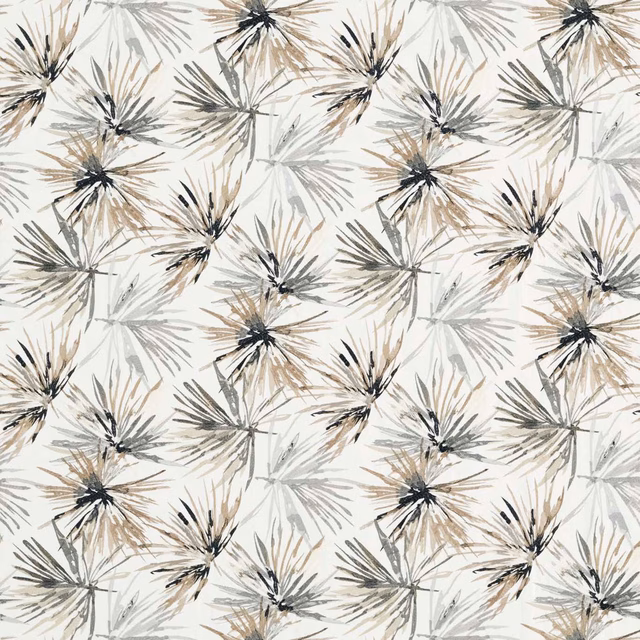 Ivory embroidered fabric with steel-grey starbursts and jet-black botanical centres