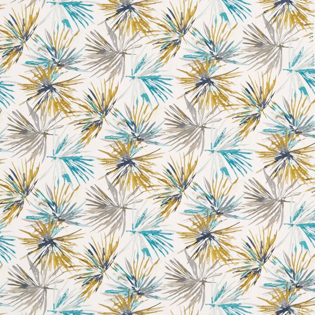 Ivory fabric with teal, grey and zest radiating botanical embroidery motifs