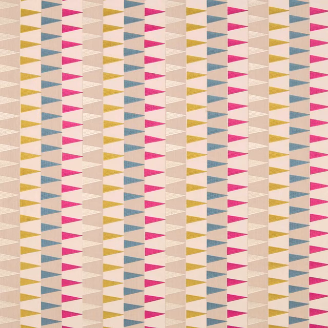 Vertical woven geometric stripes in fuchsia, seaglass blue-green, mustard and ivory