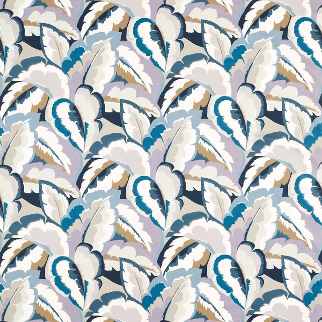 Dense stylised leaf pattern in cornflower blue, mushroom taupe, ivory and water blue