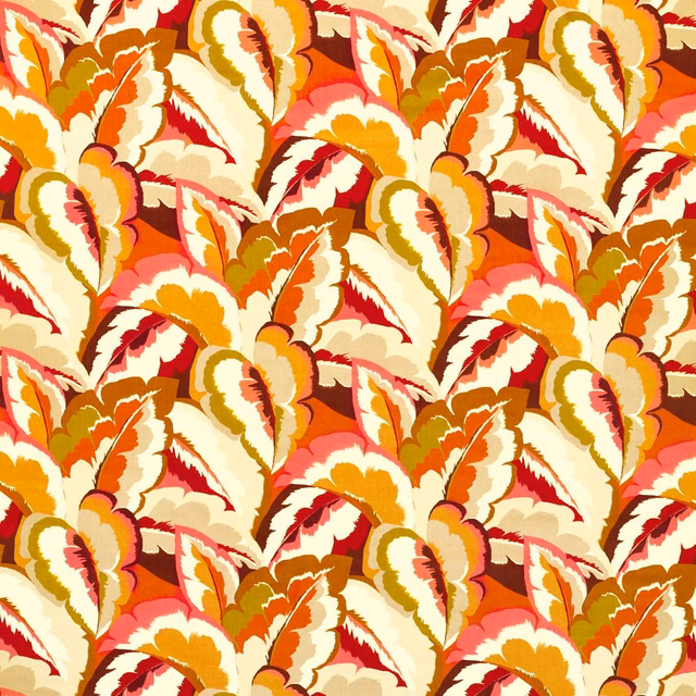 Dense amber, pomegranate and rosewood leaf velvet with cream and olive accents