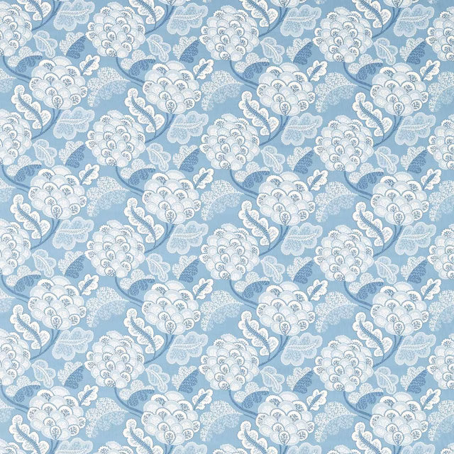 Powder-blue fabric with ivory floral flourishes, curling leaves and fine woven-looking detail