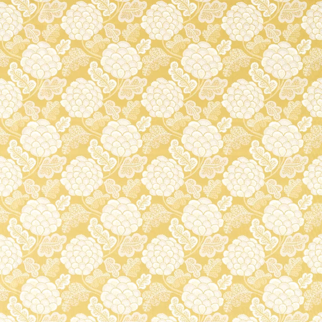 Pale zest-yellow fabric with white rounded flowers, leaves and curling stems
