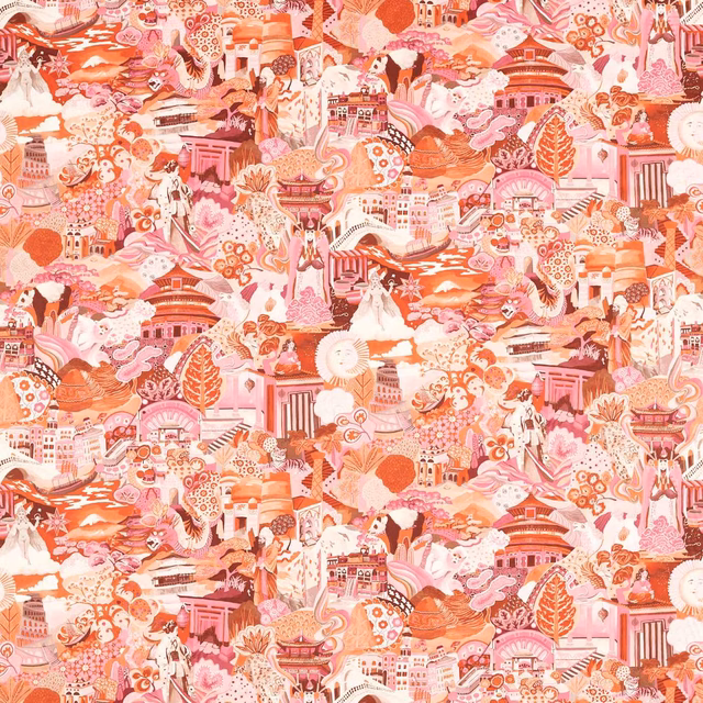 Paprika, fuchsia and fig scenic fabric with pagodas, florals and dense illustrated motifs