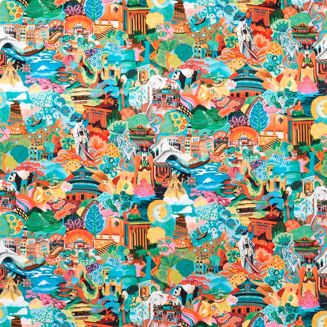 Dense turquoise, coral and emerald scenic velvet with illustrated boats, figures and foliage