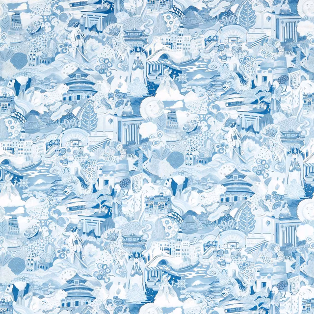 Pale icy-blue fabric with dense scenic buildings, foliage, waves and fine white detail
