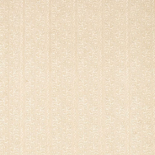 Pale almond fabric with fine white botanical sprigs in vertical woven stripes