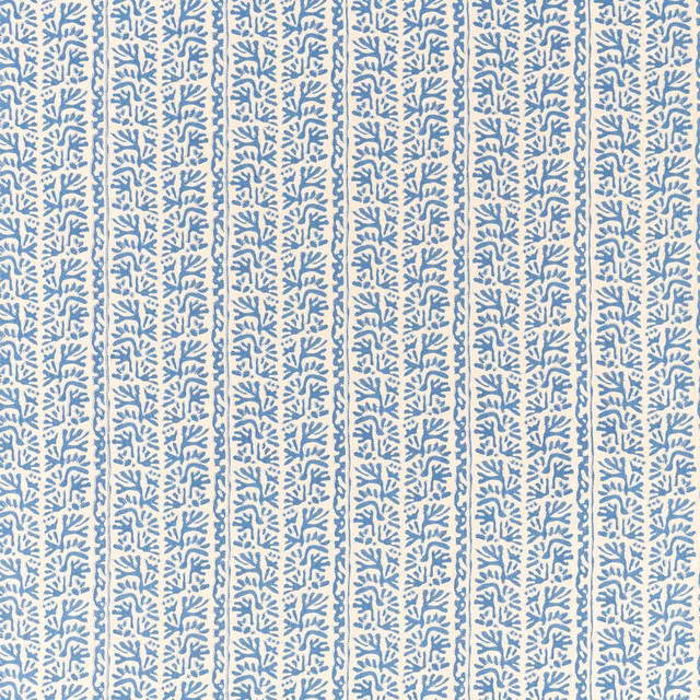 Muted cornflower-blue branching motifs in narrow vertical stripes on an incense ground