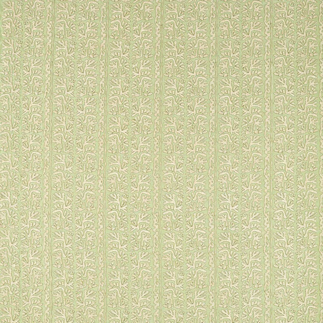 Pale sage woven upholstery with cream scrolling botanical columns and subtle vertical texture