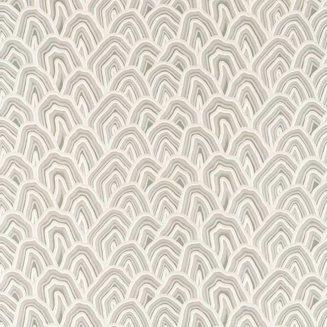 Pale hempseed fabric with repeating shiitake taupe sketched arches and a dense woven texture