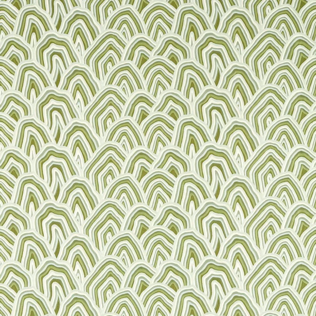 Pale seaglass fabric with dense willow and forest green nested arch motifs