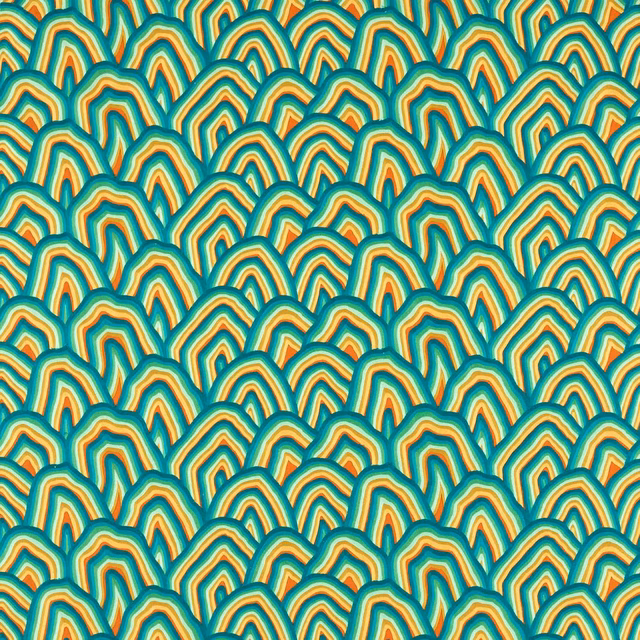 Teal woven fabric with amber and paprika arched rows and fine textured detail