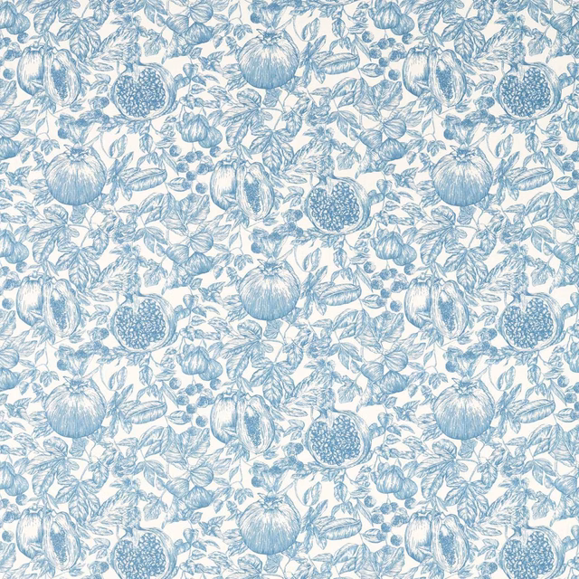 Pale celestial-blue pomegranates and foliage densely cover an ivory textile
