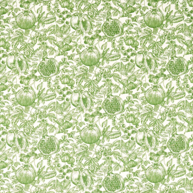 Ivory fabric with soft green pomegranates, leaves and fine botanical linework