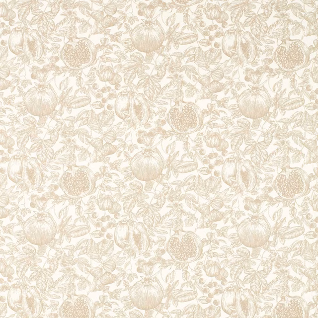 Pale ivory fabric with mushroom botanical fruits, blossoms and fine leafy foliage