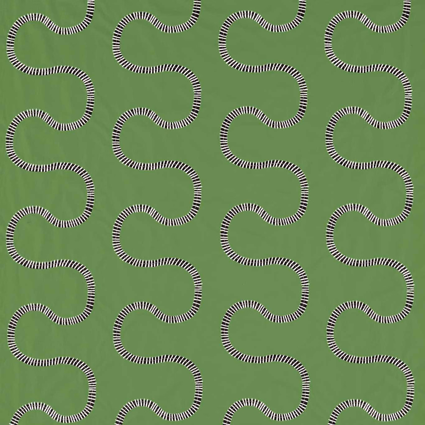 Muted forest-green fabric with looping black-and-cream striped curves in a regular repeat