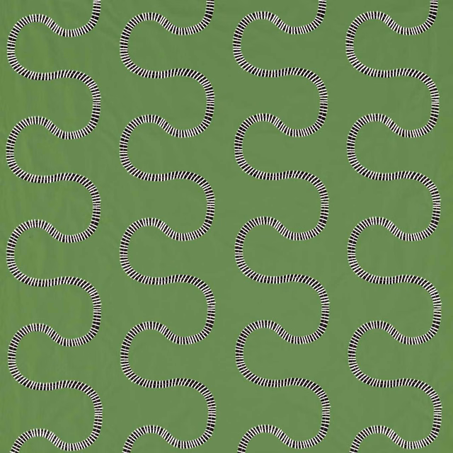 Muted forest-green fabric with looping black-and-cream striped curves in a regular repeat