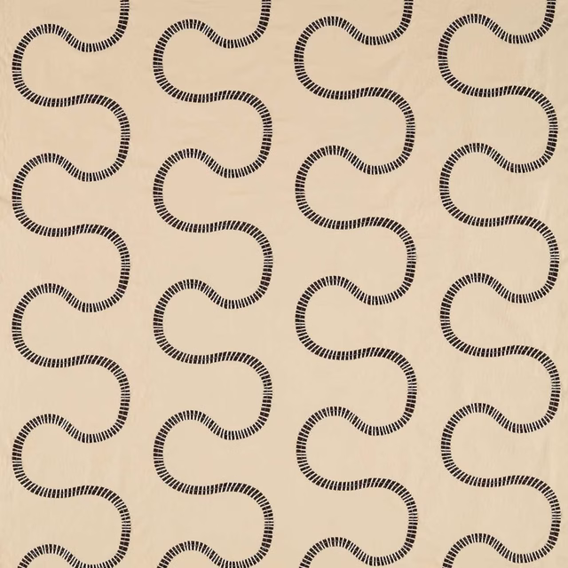 Warm shiitake beige textile with repeating charcoal meandering striped lines