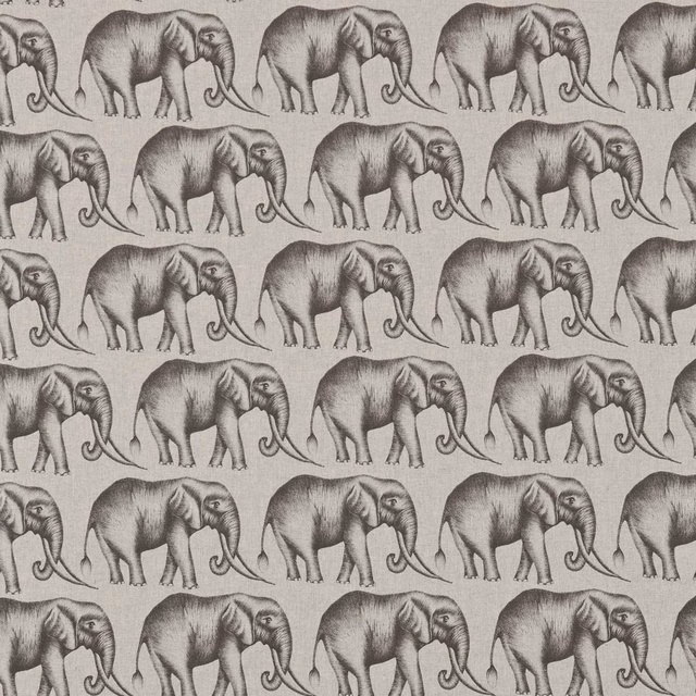 Warm grey woven fabric with rows of shaded elephant motifs