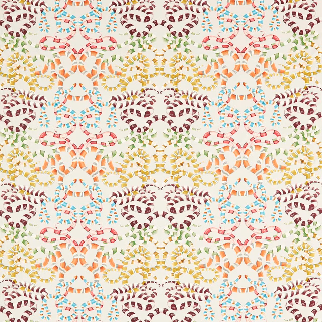 Ivory geometric fabric with coral, paprika, azul, olive and plum repeating motifs