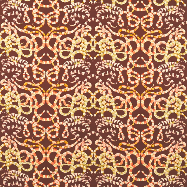 Deep rosewood velvet with amber, cream and coral interlocking serpentine motifs