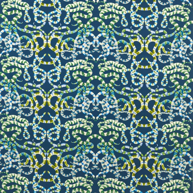 Deep blue velvet with emerald, lime and pale blue interlocking serpent motifs