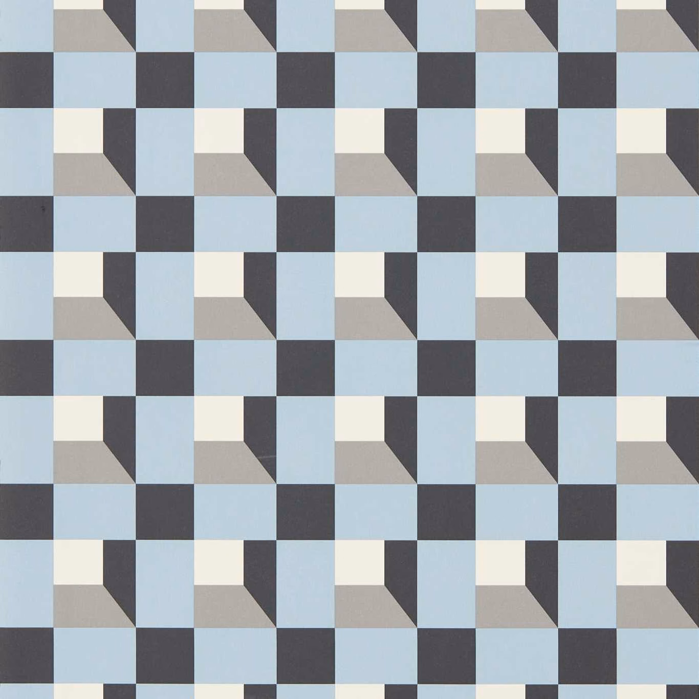 Pale cornflower wallpaper with charcoal, cream and grey geometric block pattern