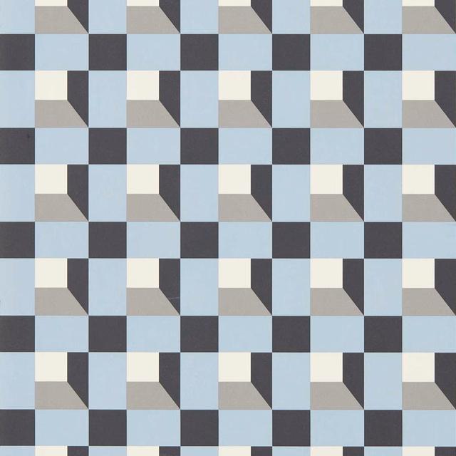 Pale cornflower wallpaper with charcoal, cream and grey geometric block pattern