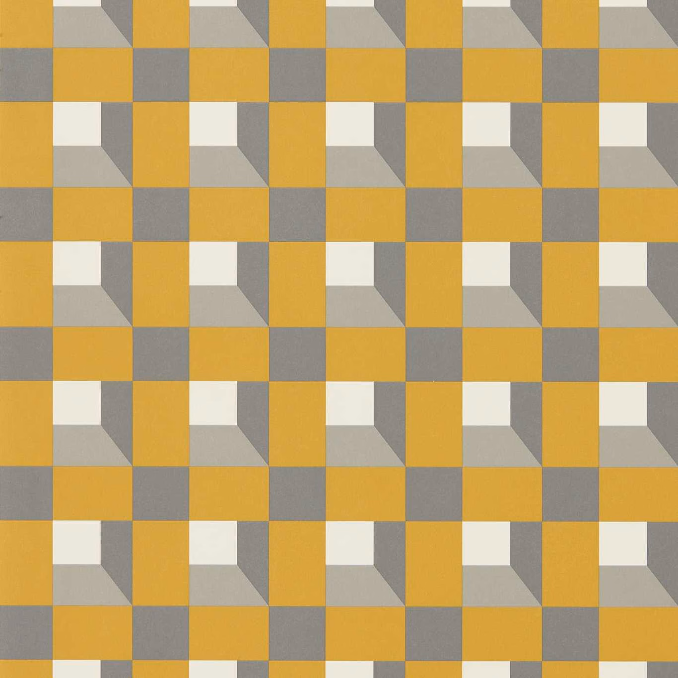 Mustard-gold wallpaper with repeating grey, ivory and shaded geometric cube blocks