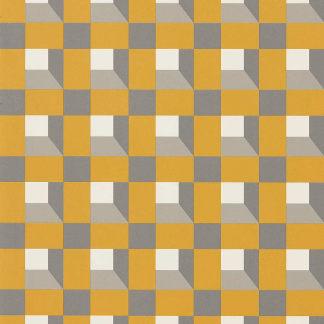Mustard-gold wallpaper with repeating grey, ivory and shaded geometric cube blocks