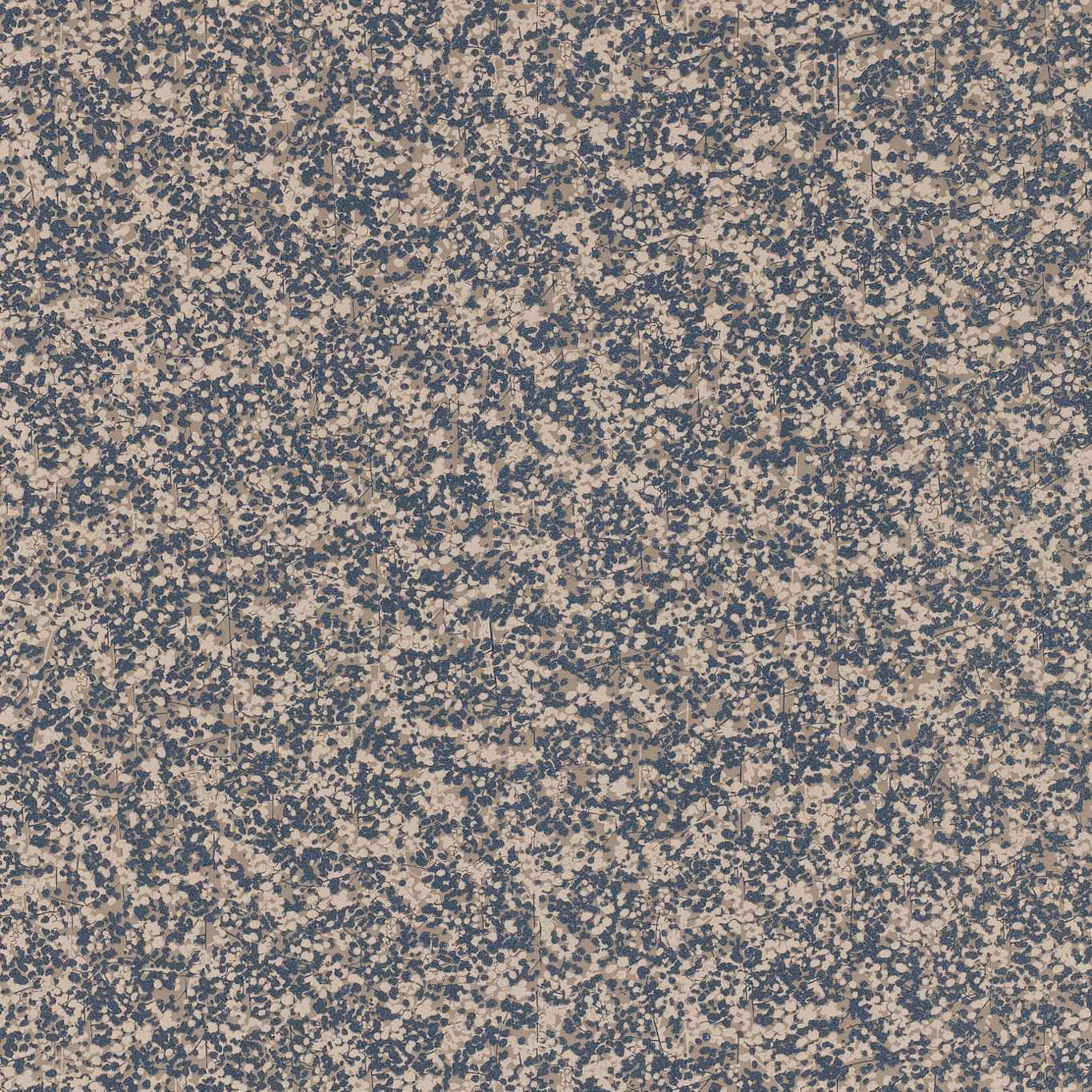 Warm coral-taupe wallpaper with dense midnight blue flecks and subtle vertical striations