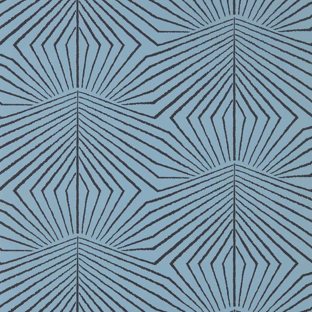 Copenhagen blue wallpaper with charcoal angular fan lines and geometric sunbursts
