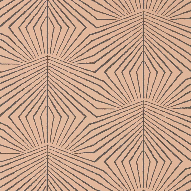Blush-peach wallpaper with charcoal radiating fan and angular chevron lines