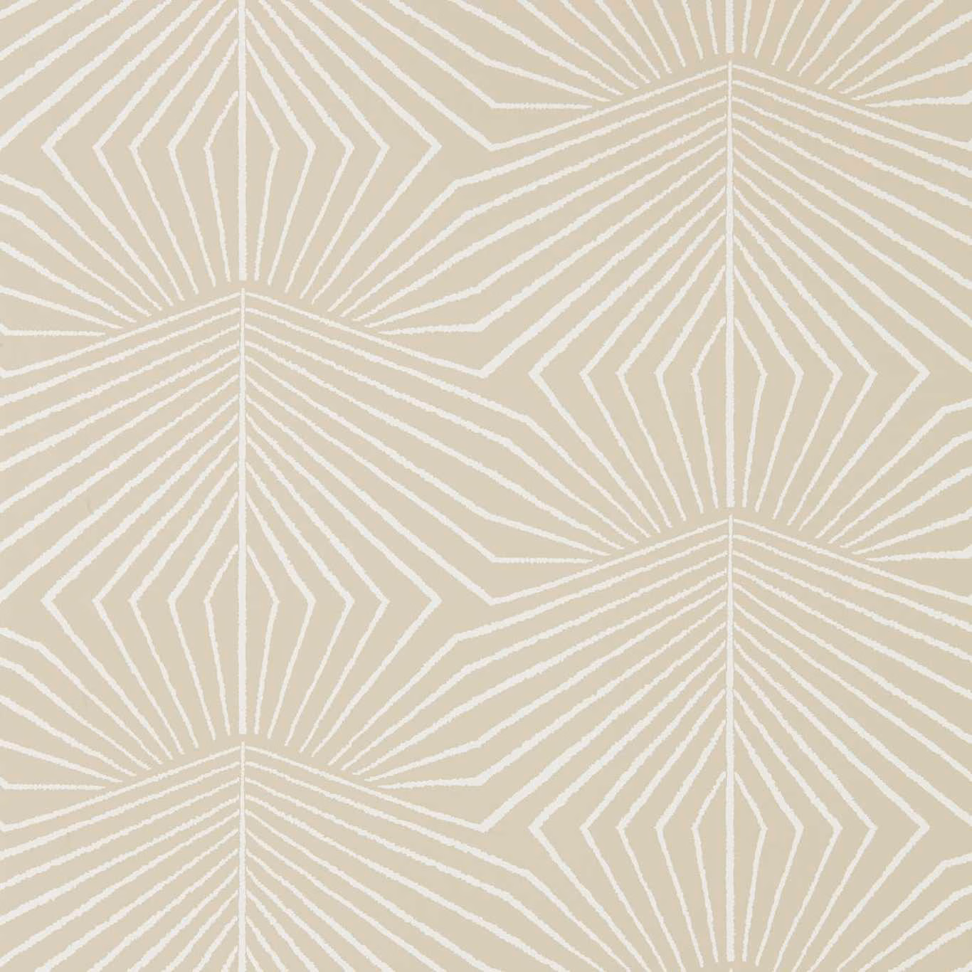 Mineral beige wallpaper with chalk-white radiating geometric lines and angular motifs