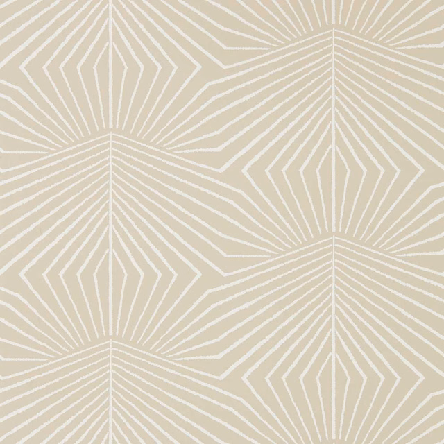 Mineral beige wallpaper with chalk-white radiating geometric lines and angular motifs