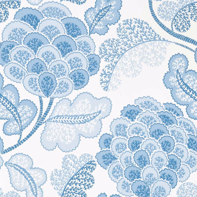 Layered powder-blue botanical blooms and fern-like foliage on a white ground