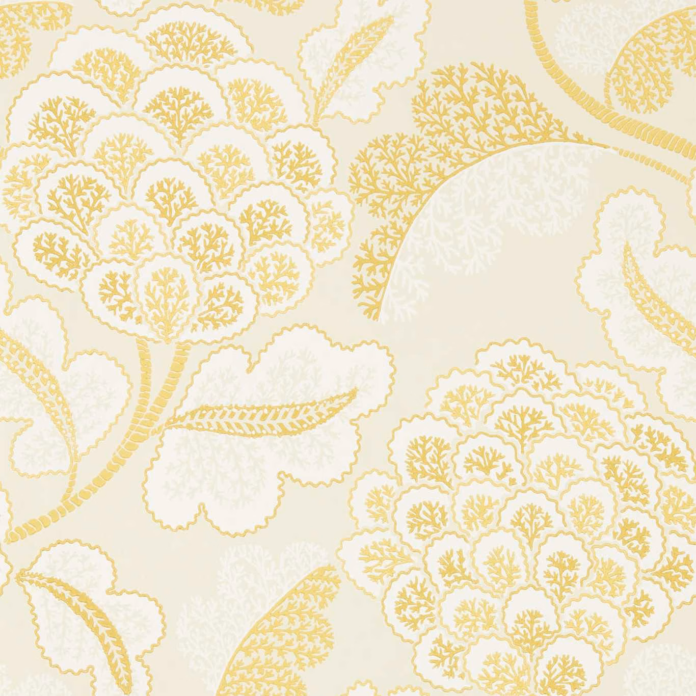 Ivory wallpaper with saffron-gold flowering fans, leaves and fine botanical tracery