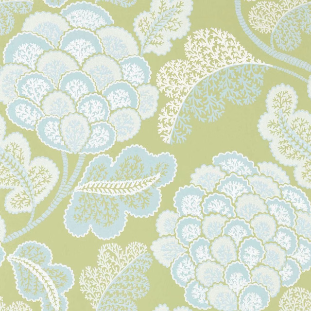 Soft willow-green wallpaper with pale blue-white tree canopies and leafy sprays