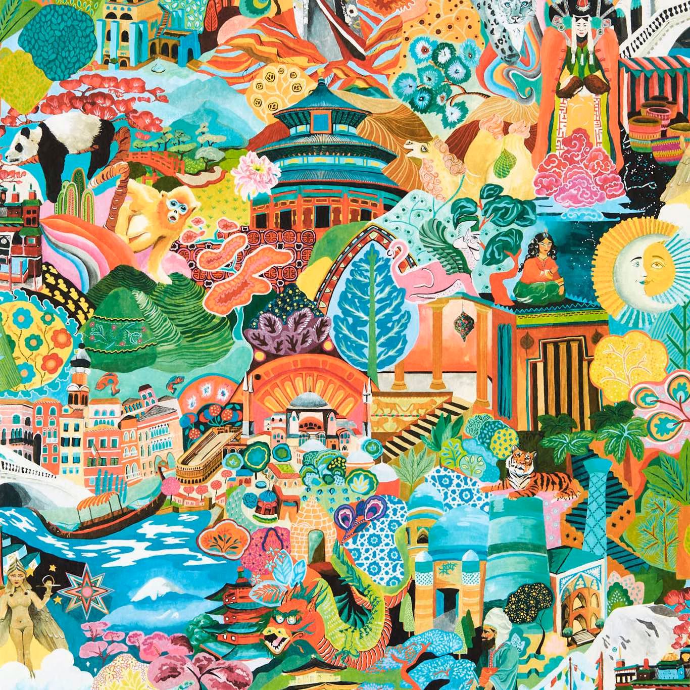 Colourful illustrated wallpaper with turquoise scenes, coral animals, emerald foliage and ornate architecture