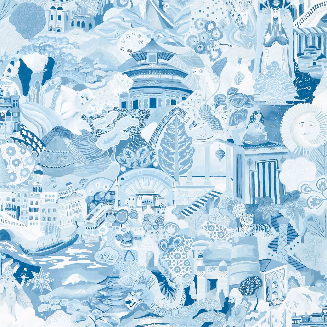 Pale blue and white scenic wallpaper with ornate buildings, foliage, waves and deeper blue details