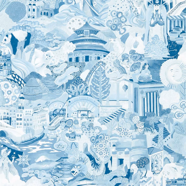 Pale blue and white scenic wallpaper with ornate buildings, foliage, waves and deeper blue details