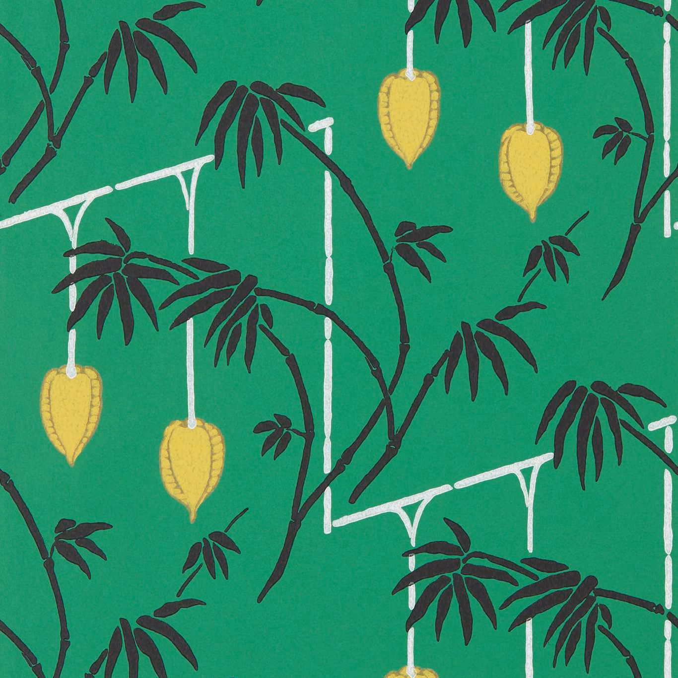 Saturated bottle-green wallpaper with black bamboo branches, white lines and chartreuse hanging pods