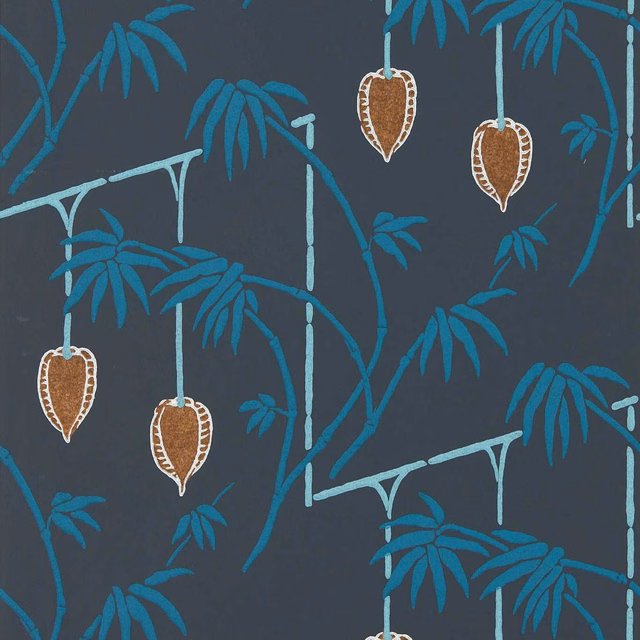 Ink-blue bamboo wallpaper with teal leaves and copper seed pods