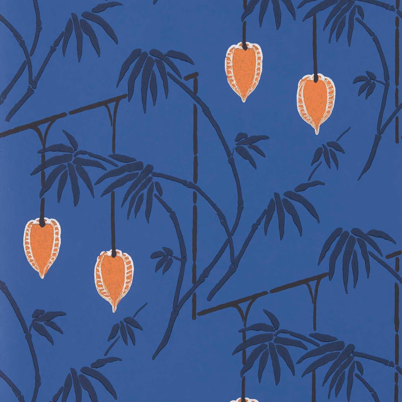 Deep cobalt wallpaper with charcoal bamboo branches and orange hanging botanical motifs