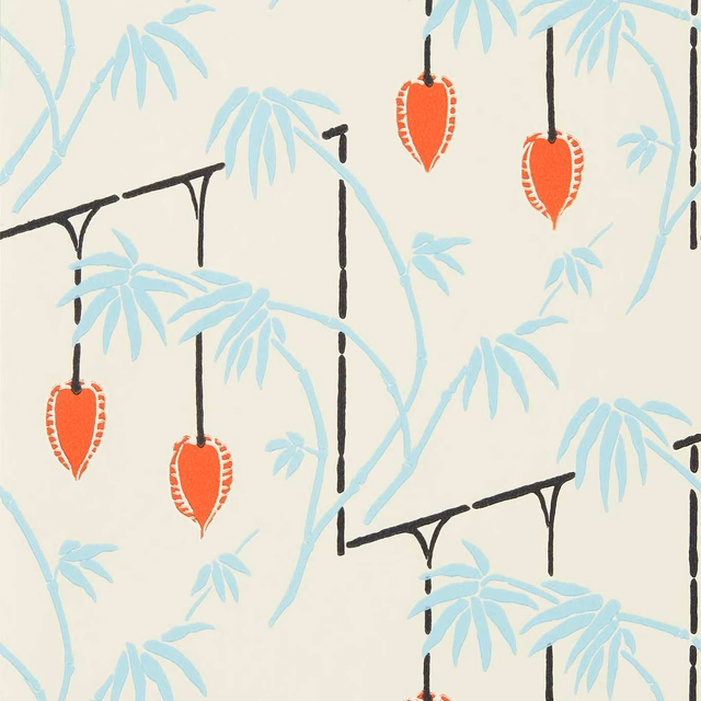 Cream wallpaper with pale aqua leaves, coral hanging pods and black botanical stems