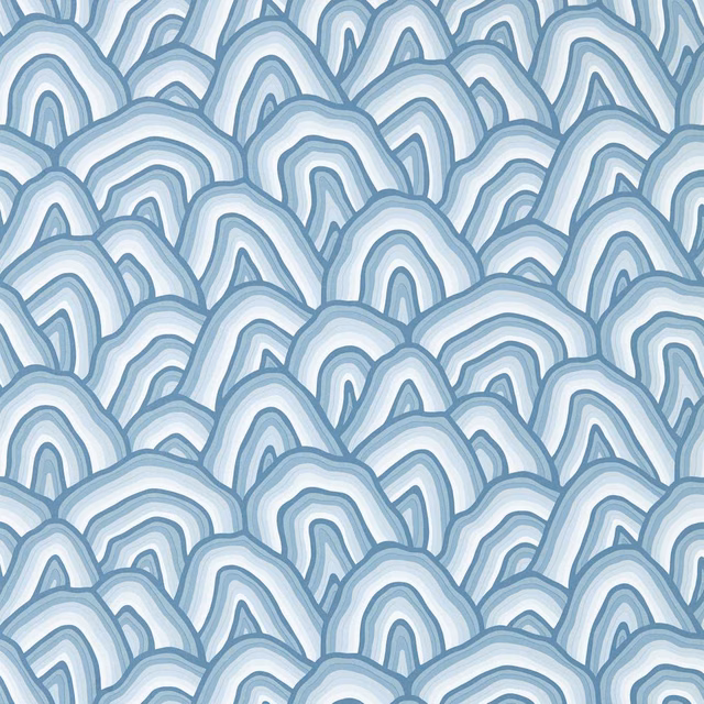 Blue-grey and white nested wave arches with softly painterly, watery tonal bands
