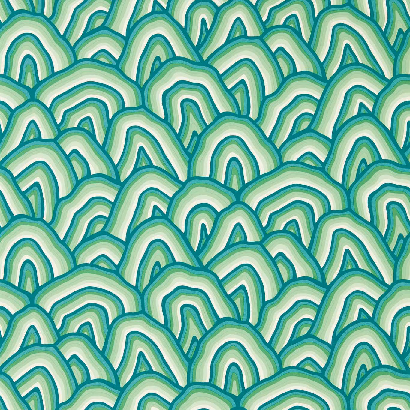 Teal, forest green and pale mint layered arches on Kumo Wilderness wallpaper